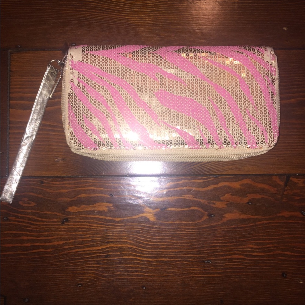 Sequined Zebra Print Wallet w/ Wrist Strap